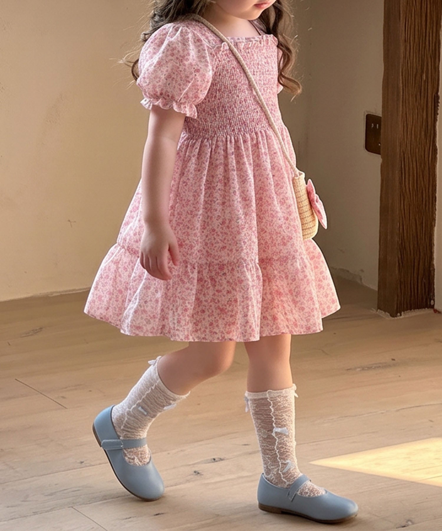 【aimoha-KIDS-】小花柄シャーリングワンピース（バッグ付き）(SS)