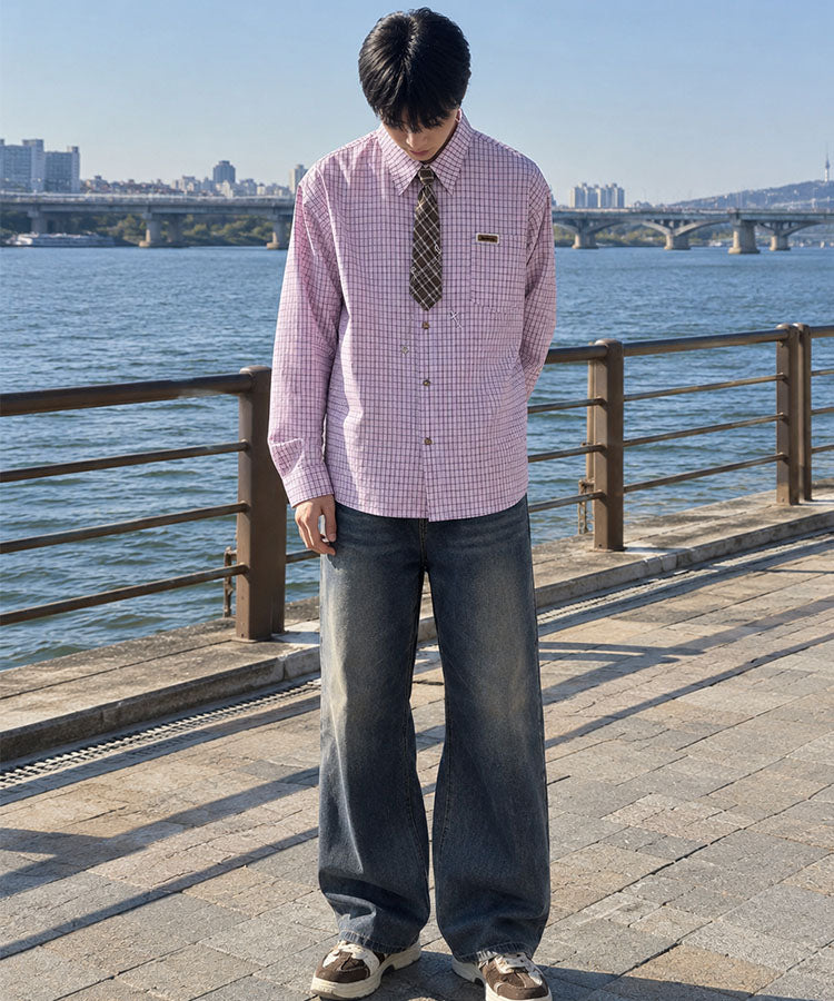 HOOK ネクタイ付き長袖チェックシャツ チェーンチャーム レトロ