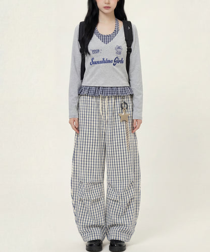 HOOK　for girls -original-　レイヤード風 アメカジ刺繍 チェックペプラムカットソー