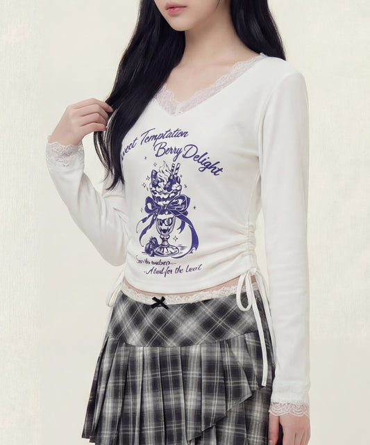 HOOK　for girls -original-　レースVネックプリントシャーリングトップス