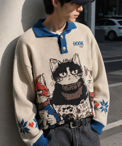 HOOK -original-　猫カフェポロ襟ニットプルオーバー