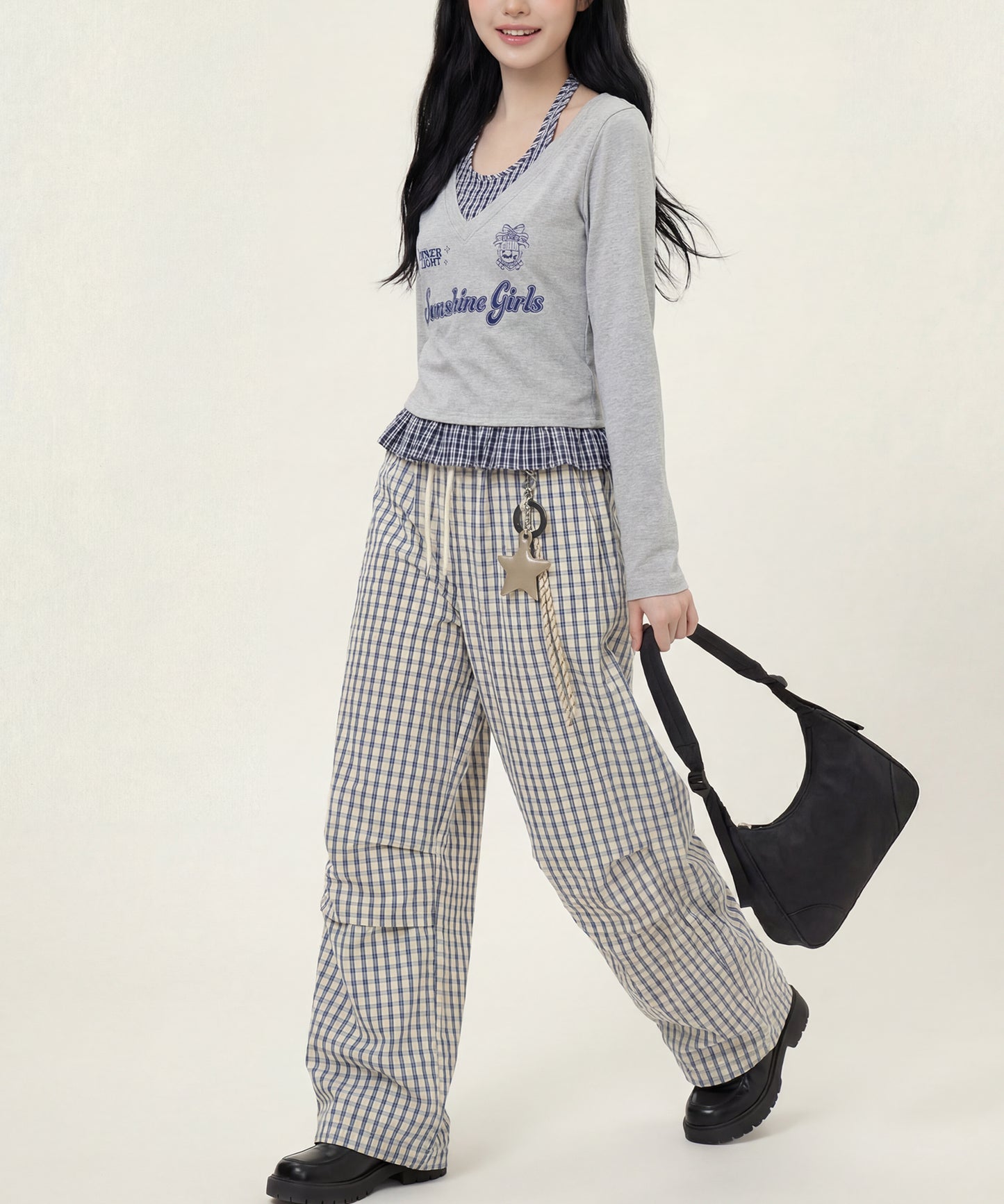 HOOK　for girls -original-　レイヤード風 アメカジ刺繍 チェックペプラムカットソー