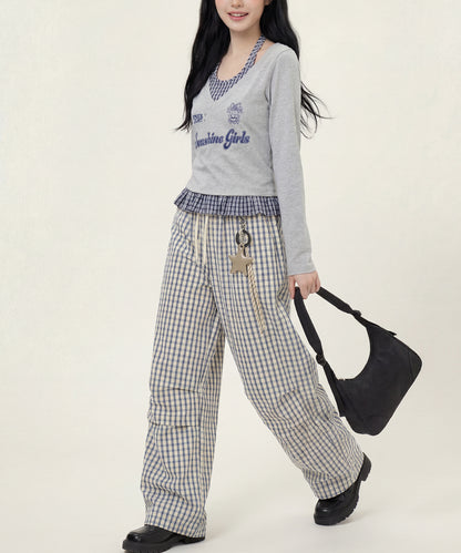 HOOK　for girls -original-　レイヤード風 アメカジ刺繍 チェックペプラムカットソー