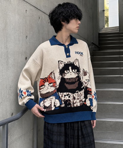 HOOK -original-　猫カフェポロ襟ニットプルオーバー