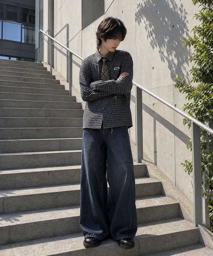 HOOK ネクタイ付き長袖チェックシャツ チェーンチャーム レトロ