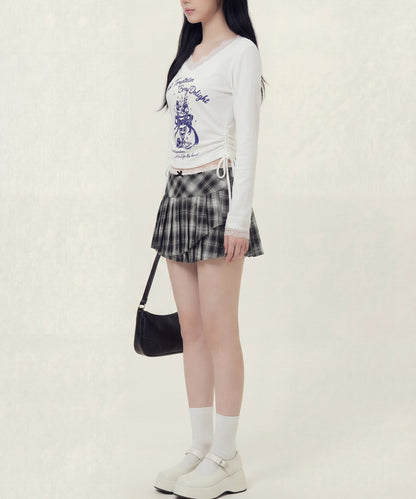 HOOK　for girls -original-　レースVネックプリントシャーリングトップス