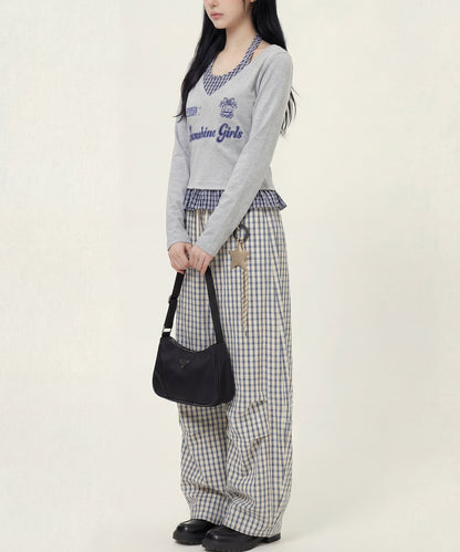 HOOK　for girls -original-　レイヤード風 アメカジ刺繍 チェックペプラムカットソー