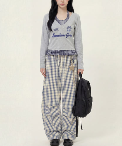 HOOK　for girls -original-　レイヤード風 アメカジ刺繍 チェックペプラムカットソー
