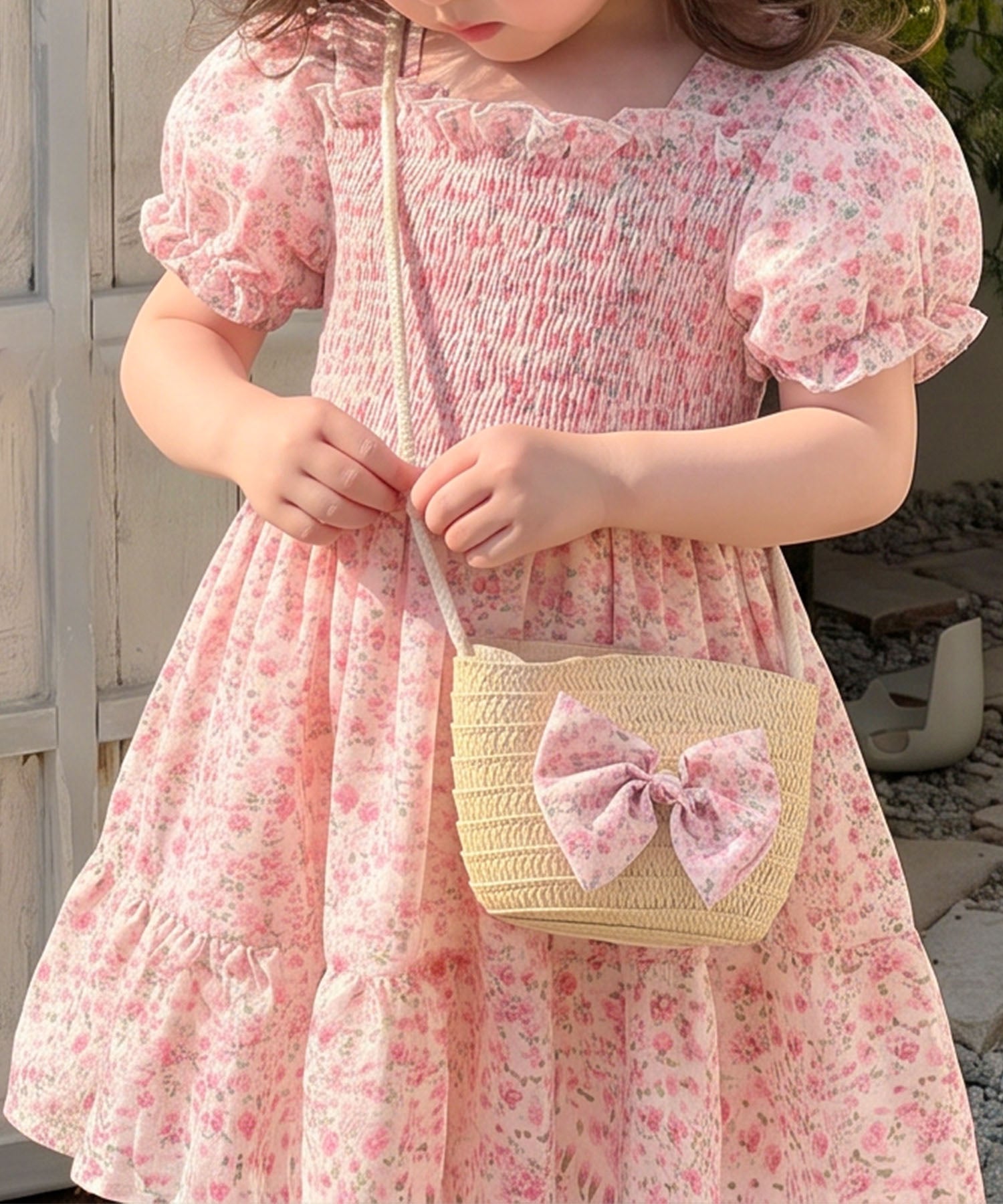 【aimoha-KIDS-】小花柄シャーリングワンピース（バッグ付き）(SS)