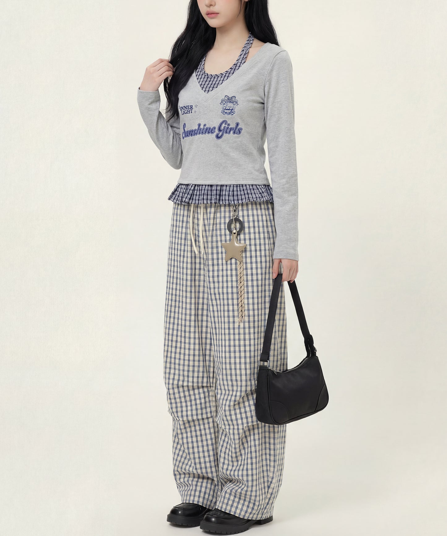 HOOK　for girls -original-　レイヤード風 アメカジ刺繍 チェックペプラムカットソー