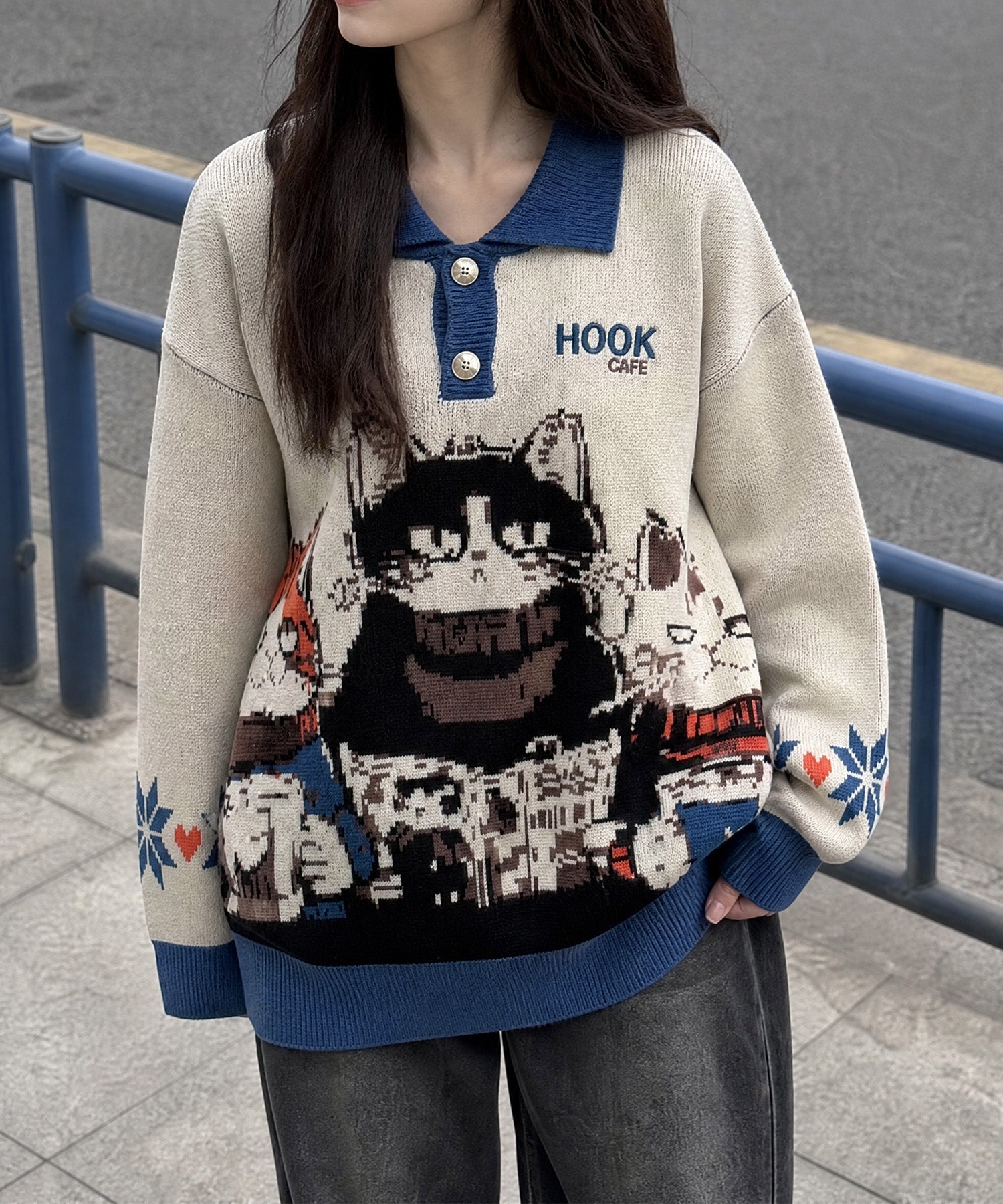 HOOK -original-　猫カフェポロ襟ニットプルオーバー