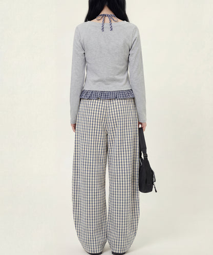 HOOK　for girls -original-　レイヤード風 アメカジ刺繍 チェックペプラムカットソー