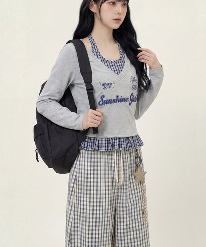 HOOK　for girls -original-　レイヤード風 アメカジ刺繍 チェックペプラムカットソー
