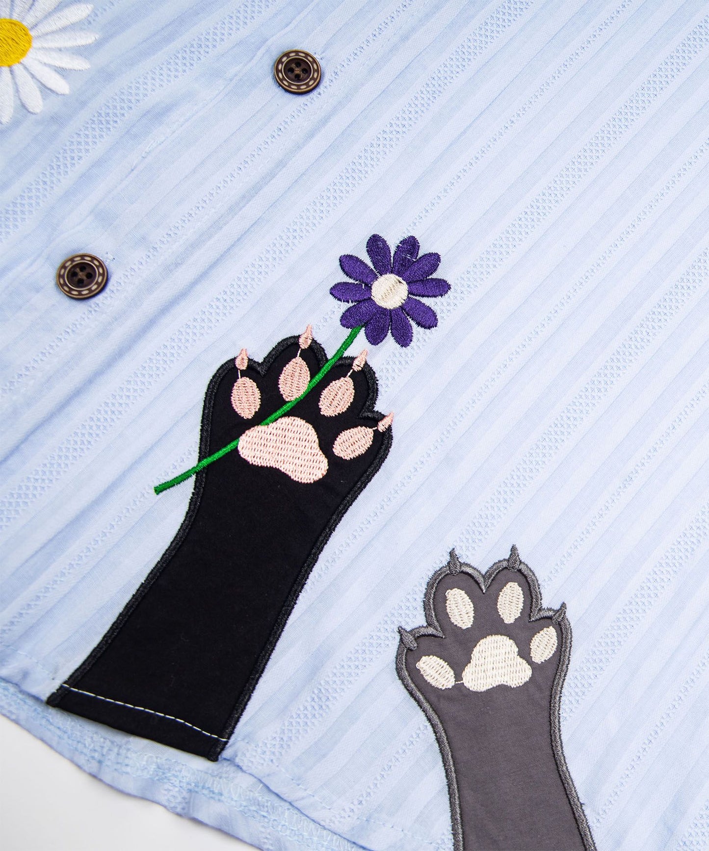 HOOK　ネクタイ付き 猫の手 フラワー 刺繍 薄手 ストライプ 半袖 カジュアルシャツ