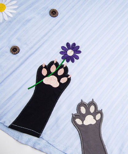 HOOK　ネクタイ付き 猫の手 フラワー 刺繍 薄手 ストライプ 半袖 カジュアルシャツ