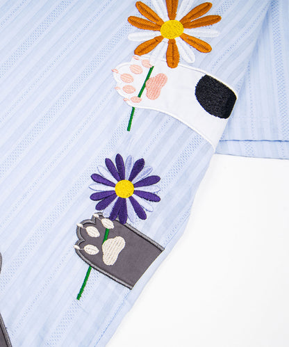 HOOK　ネクタイ付き 猫の手 フラワー 刺繍 薄手 ストライプ 半袖 カジュアルシャツ