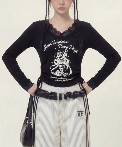 HOOK　for girls -original-　レースVネックプリントシャーリングトップス