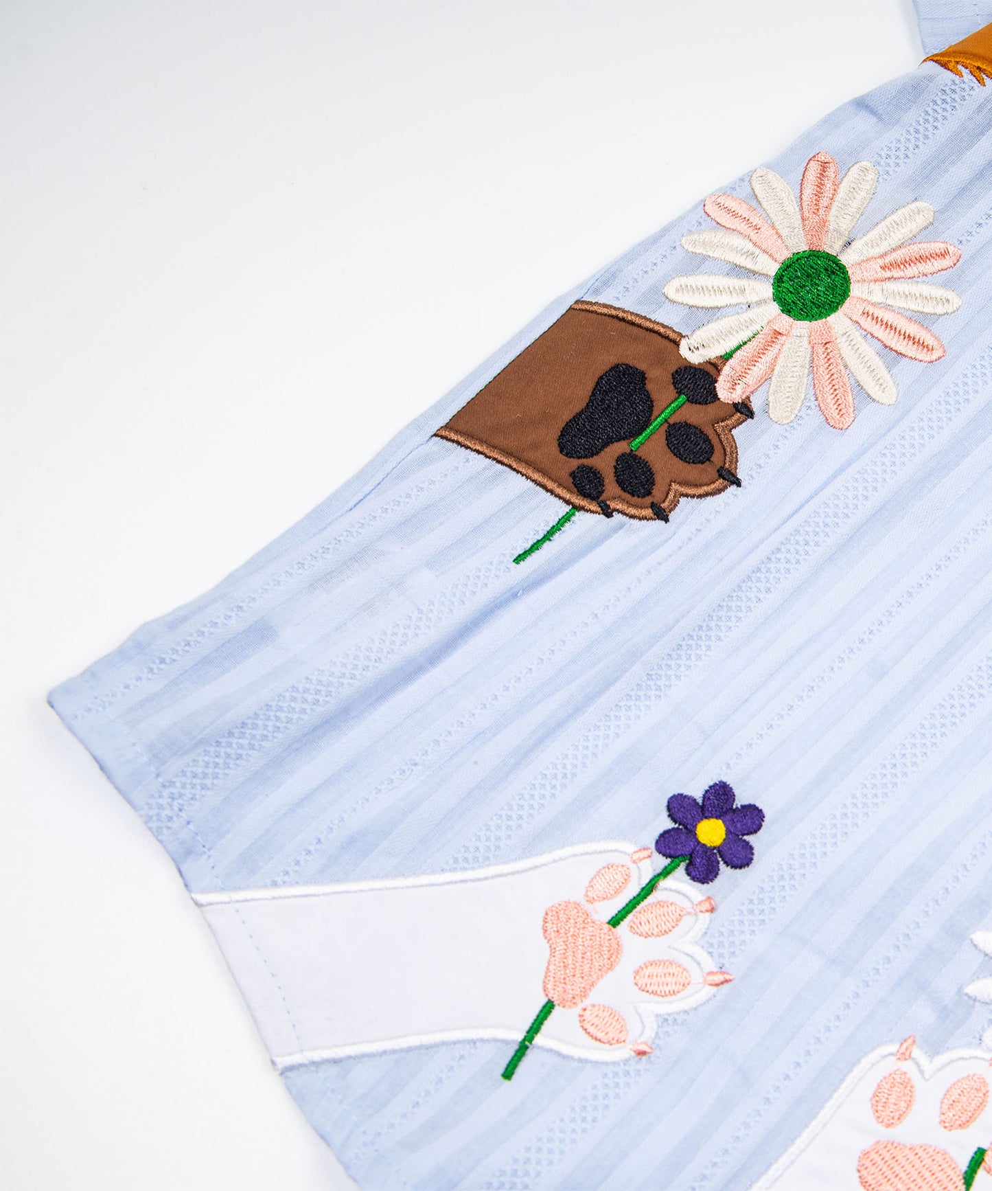 HOOK　ネクタイ付き 猫の手 フラワー 刺繍 薄手 ストライプ 半袖 カジュアルシャツ