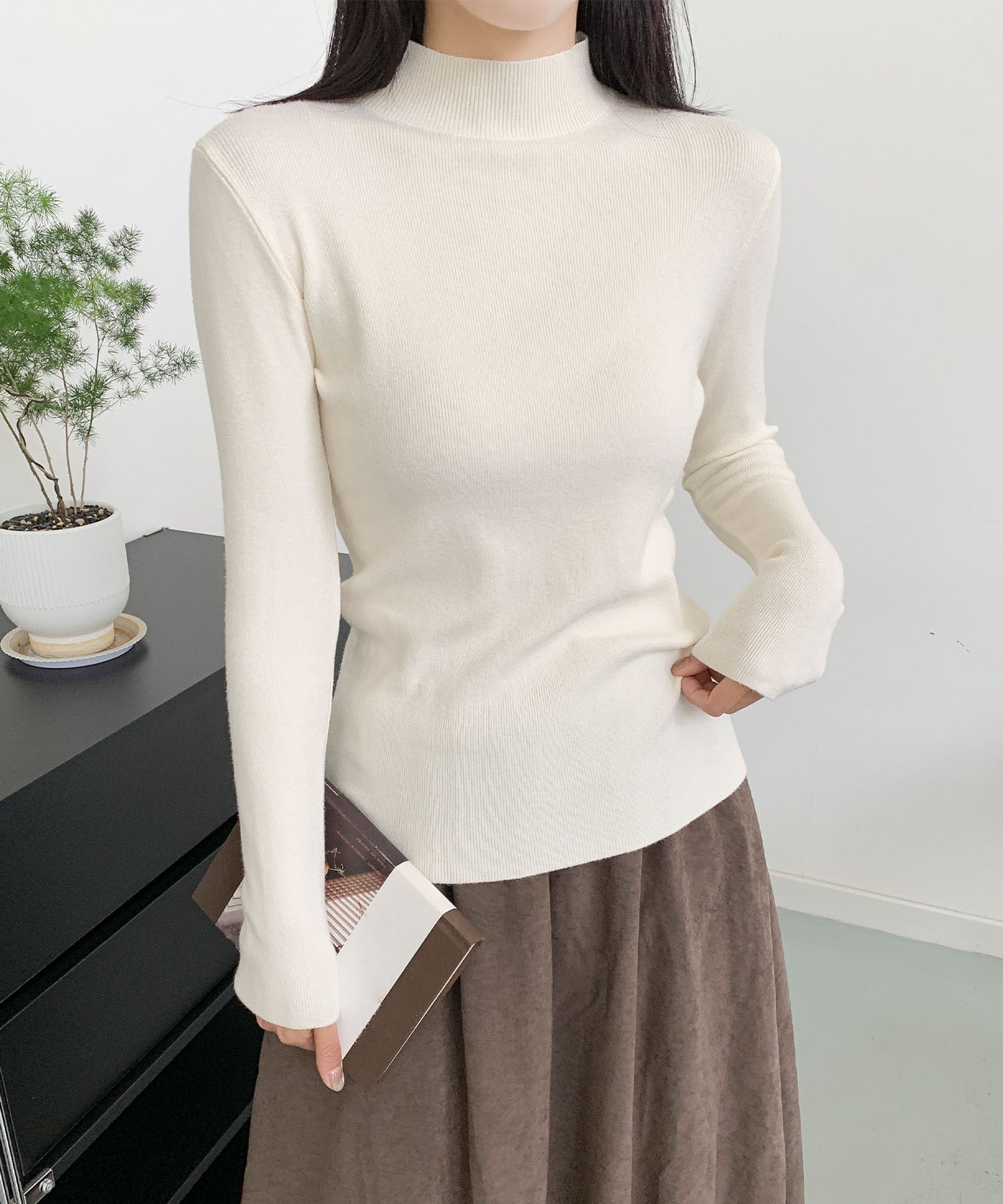 aimoha/無地モックネックニットソートップス