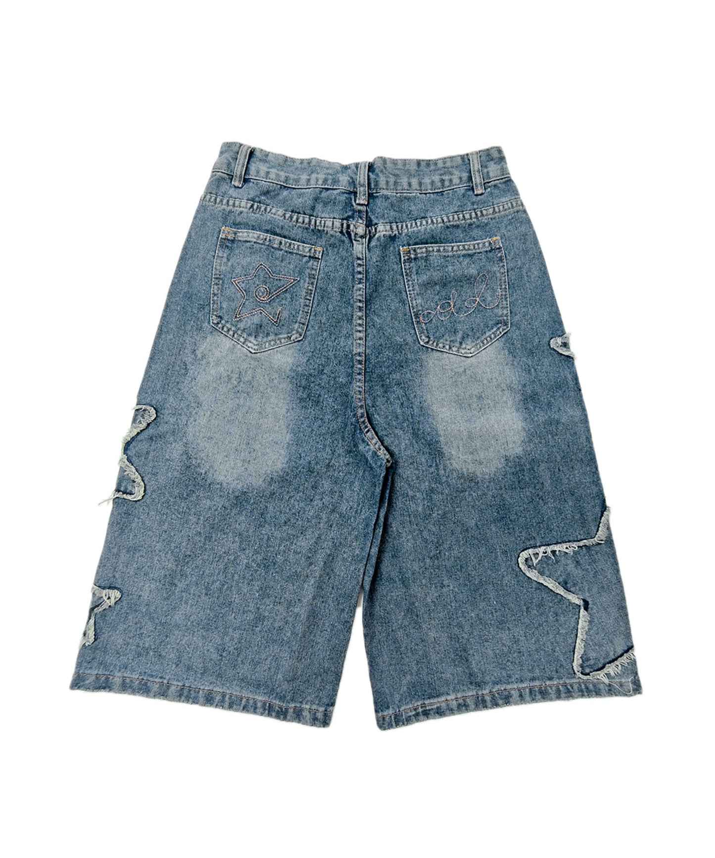 HOOK　スター刺繍×ブローチ カットオフ デニムショーツ ワイドハーフパンツ Y2K ユニセックス ストリート