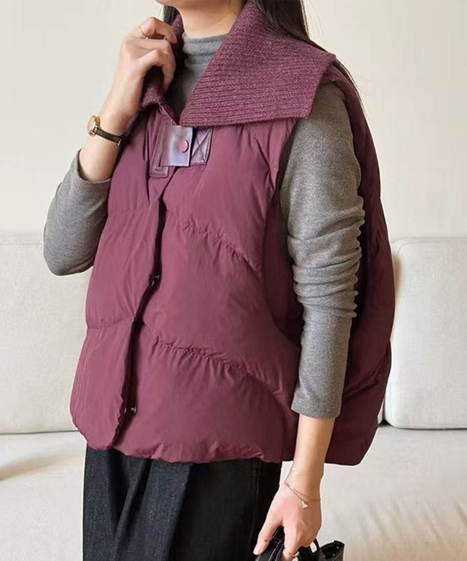 ニット衿ショートダウンベスト