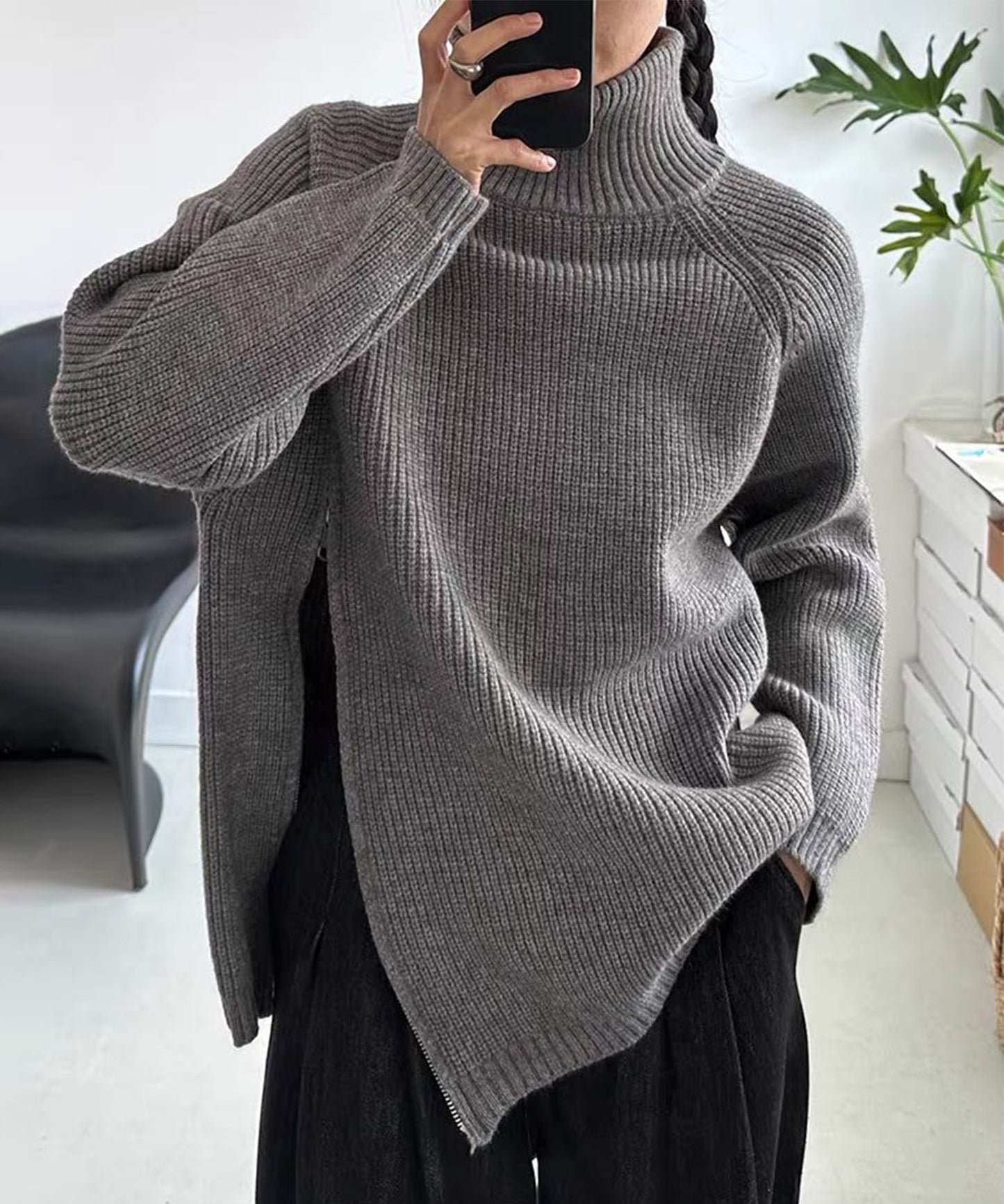 斜めファスナー アシンメトリーニットトップス（ダブルジップ仕様）