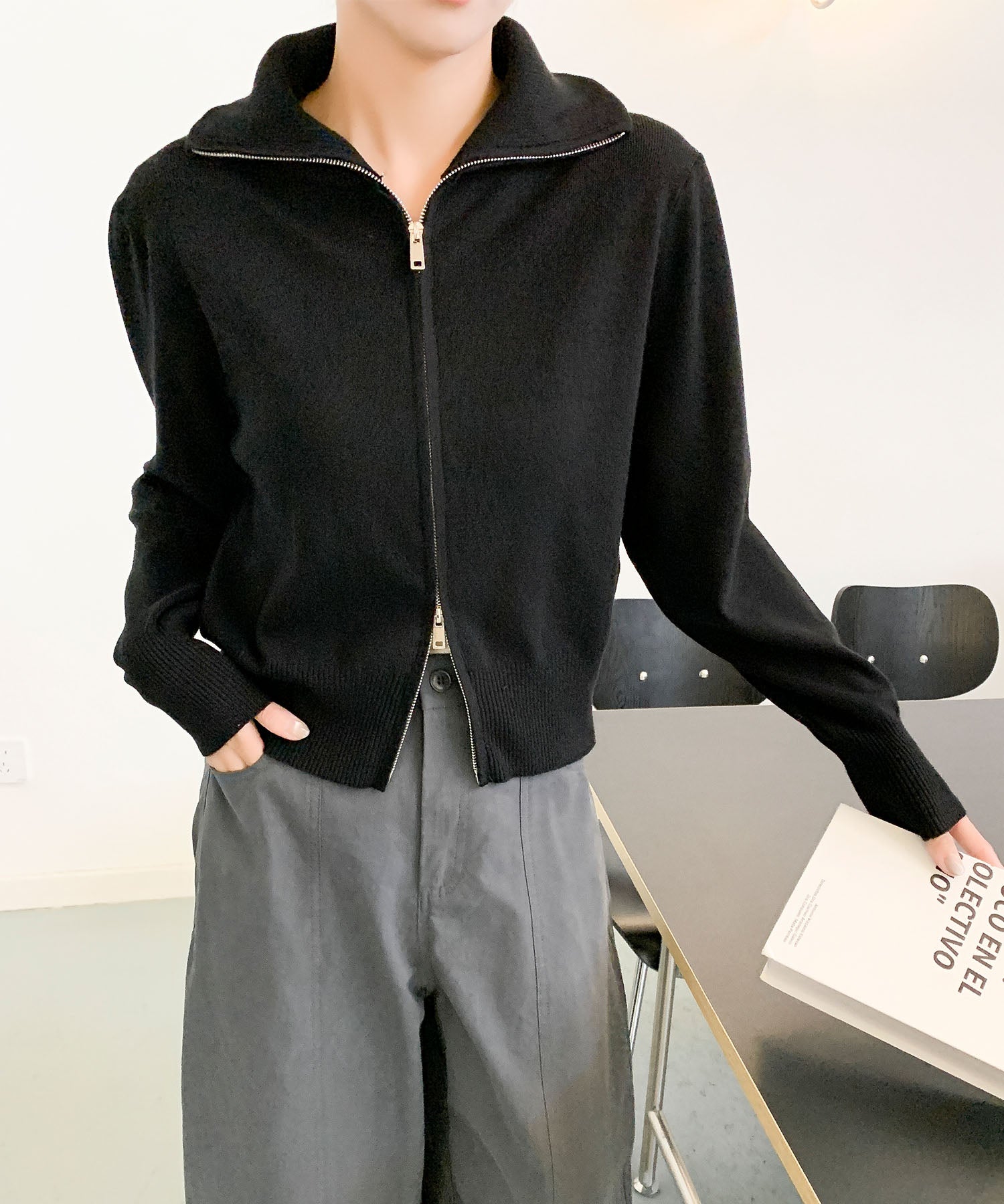 aimoha/ダブルジップ 無地ニットパーカー