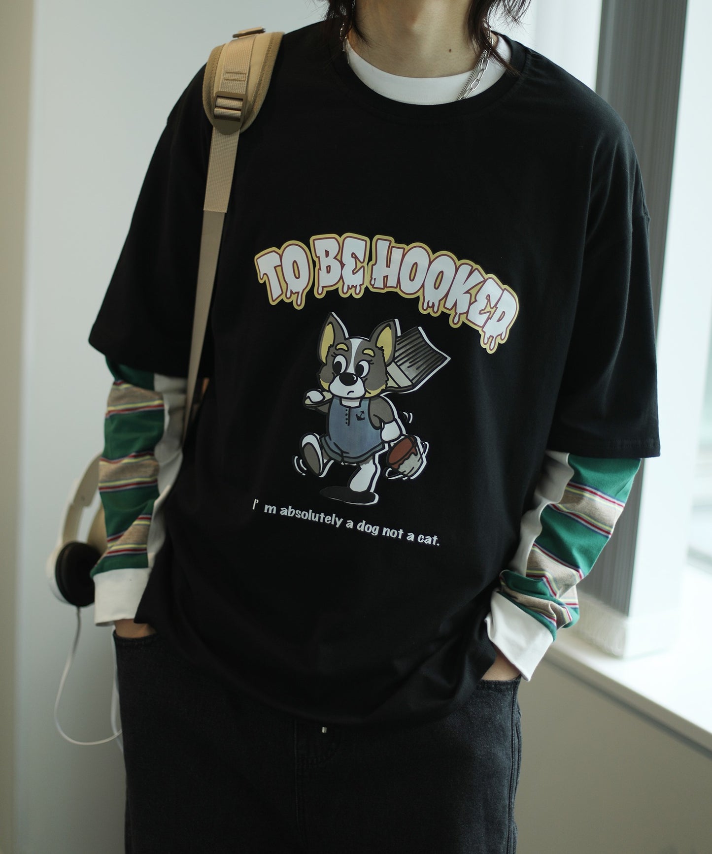 [HOOK -original-] Cute cartoon print border switching sleeve TEE