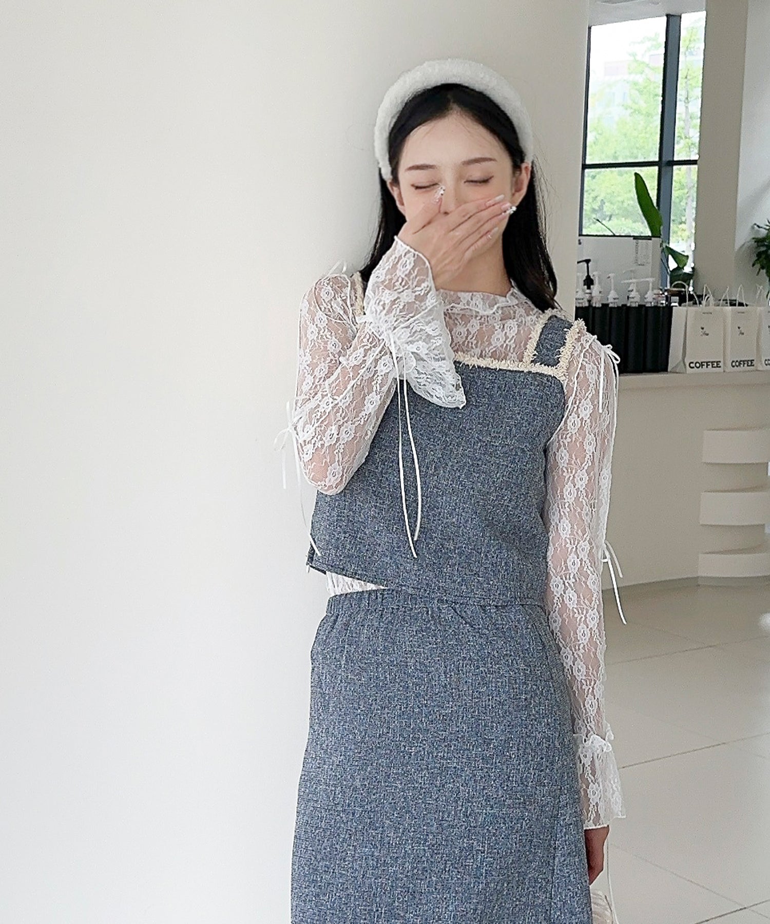 【Jasmine】袖リボンメロウシアーレースインナートップス