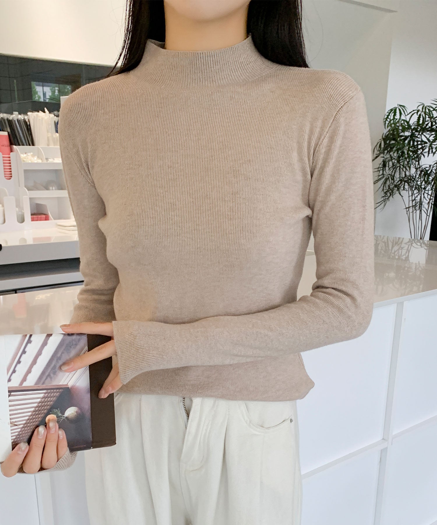 aimoha/無地モックネックニットソートップス