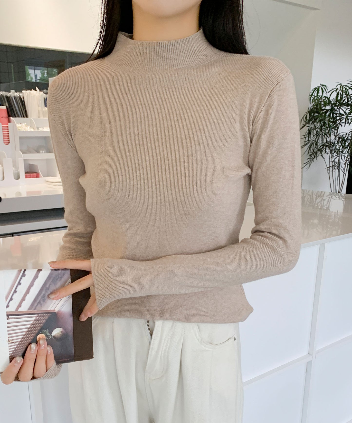 aimoha/無地モックネックニットソートップス