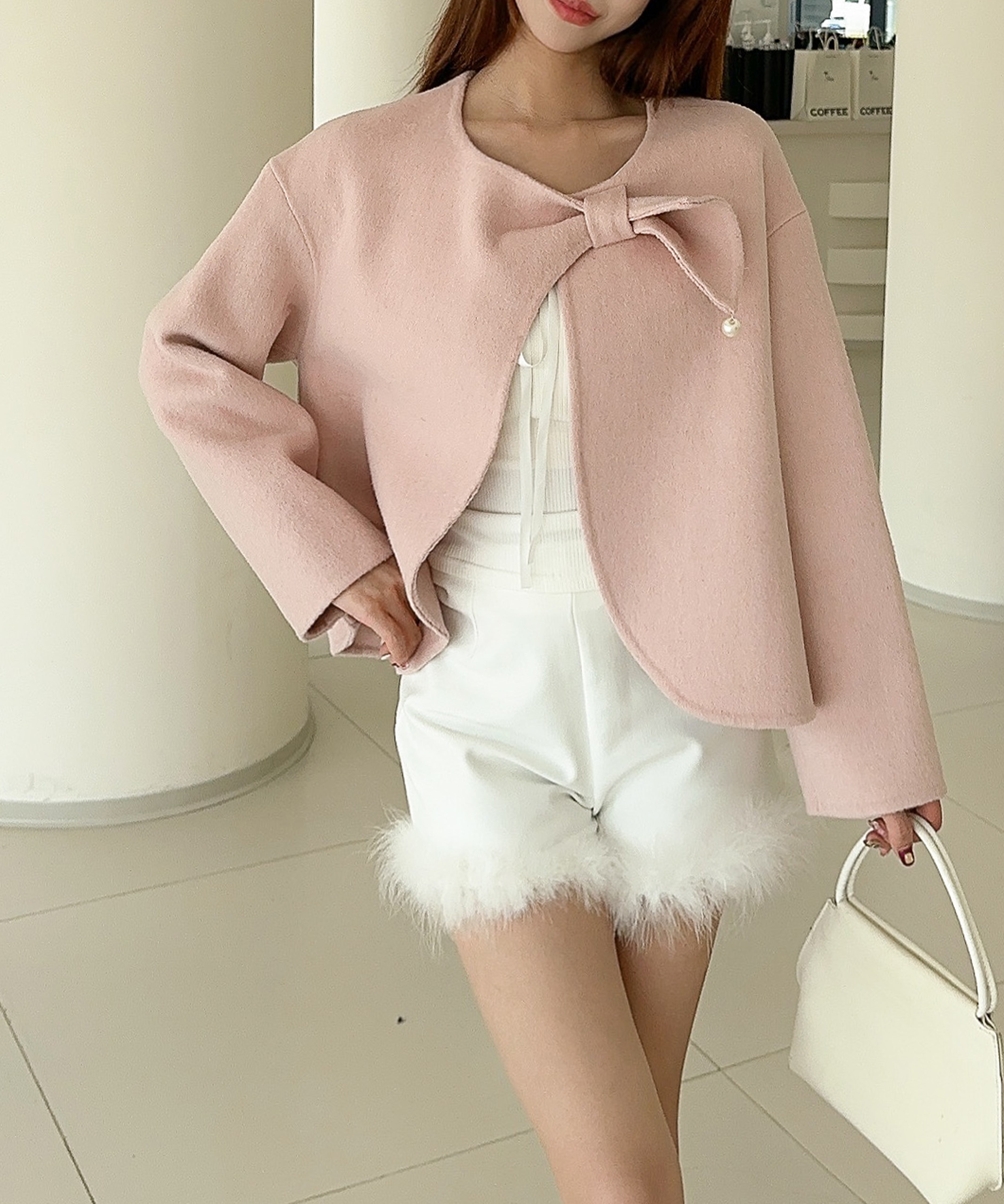 【Jasmine】リボンノーカラーリバーウールコート ショート丈