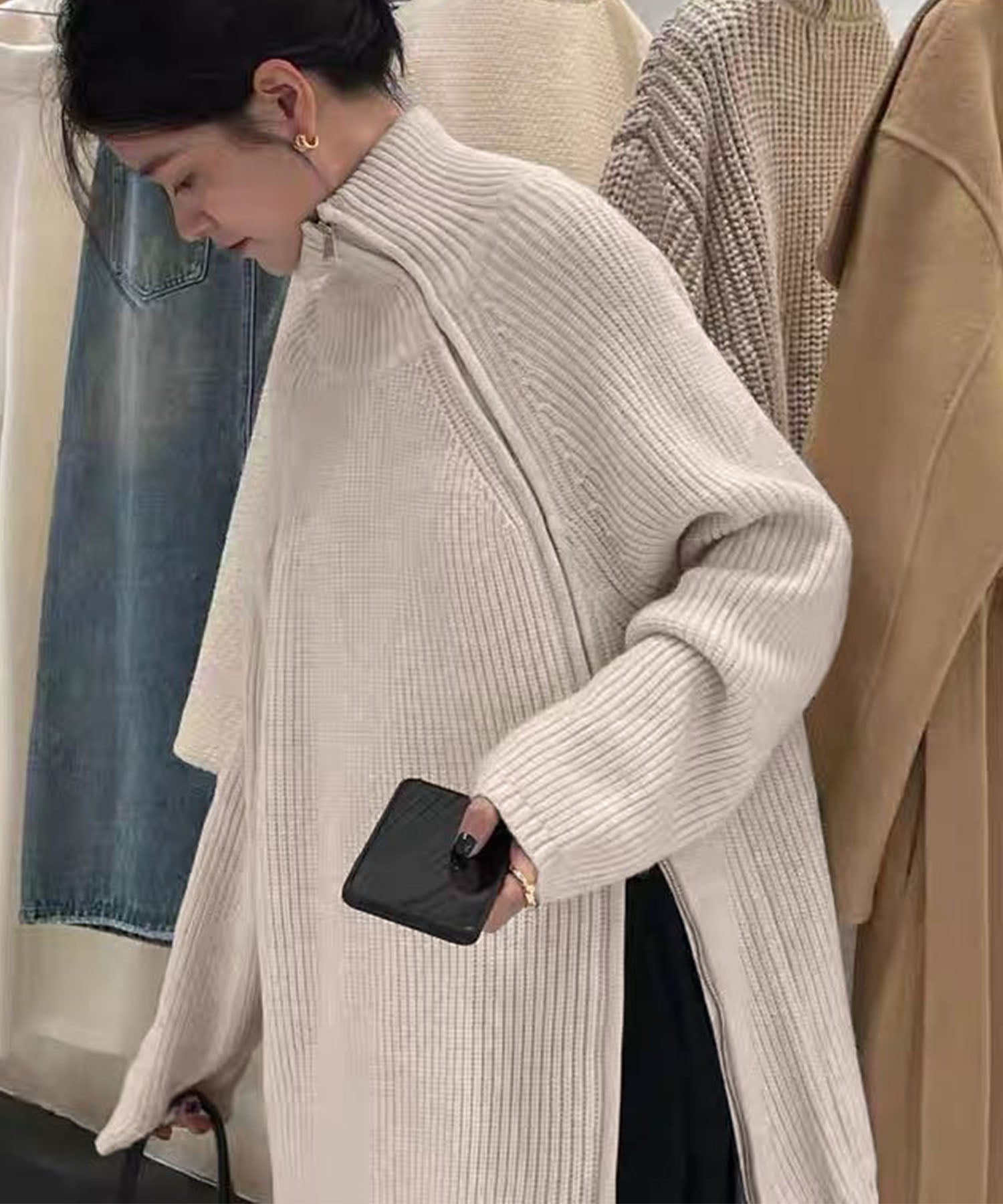 斜めファスナー アシンメトリーニットトップス（ダブルジップ仕様）