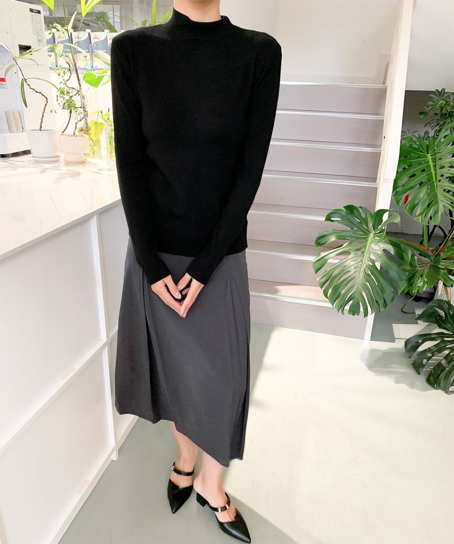 aimoha/無地モックネックニットソートップス