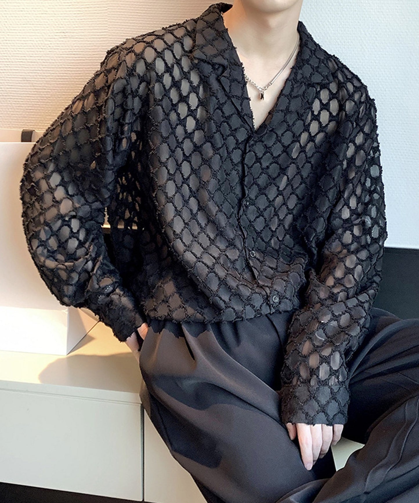 [aimoha Men's] All-over patterned see-through shirt