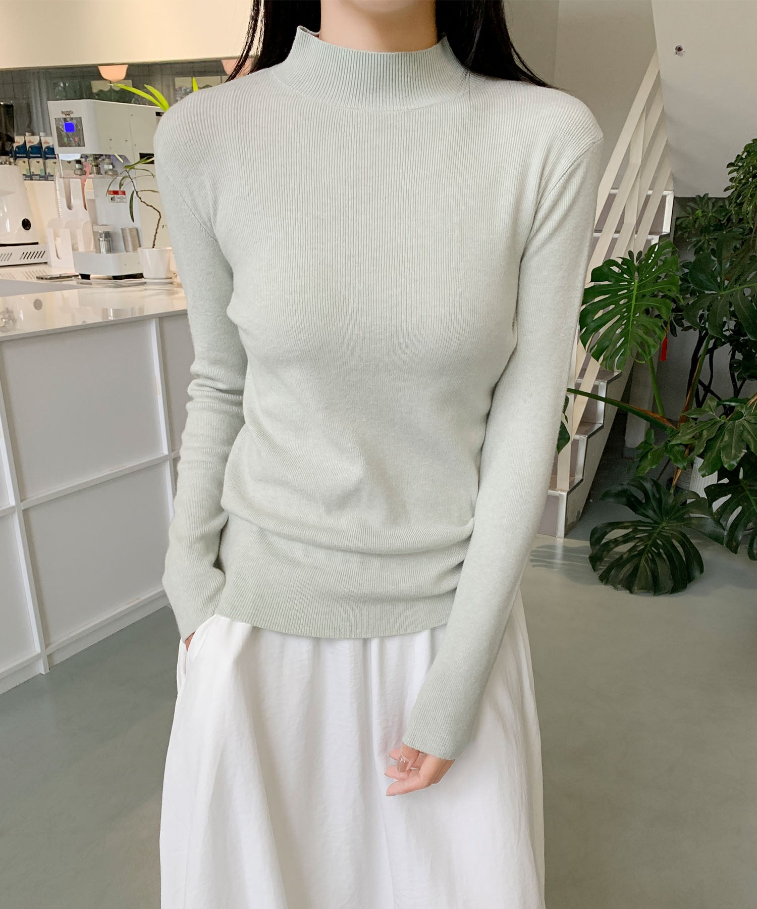 aimoha/無地モックネックニットソートップス