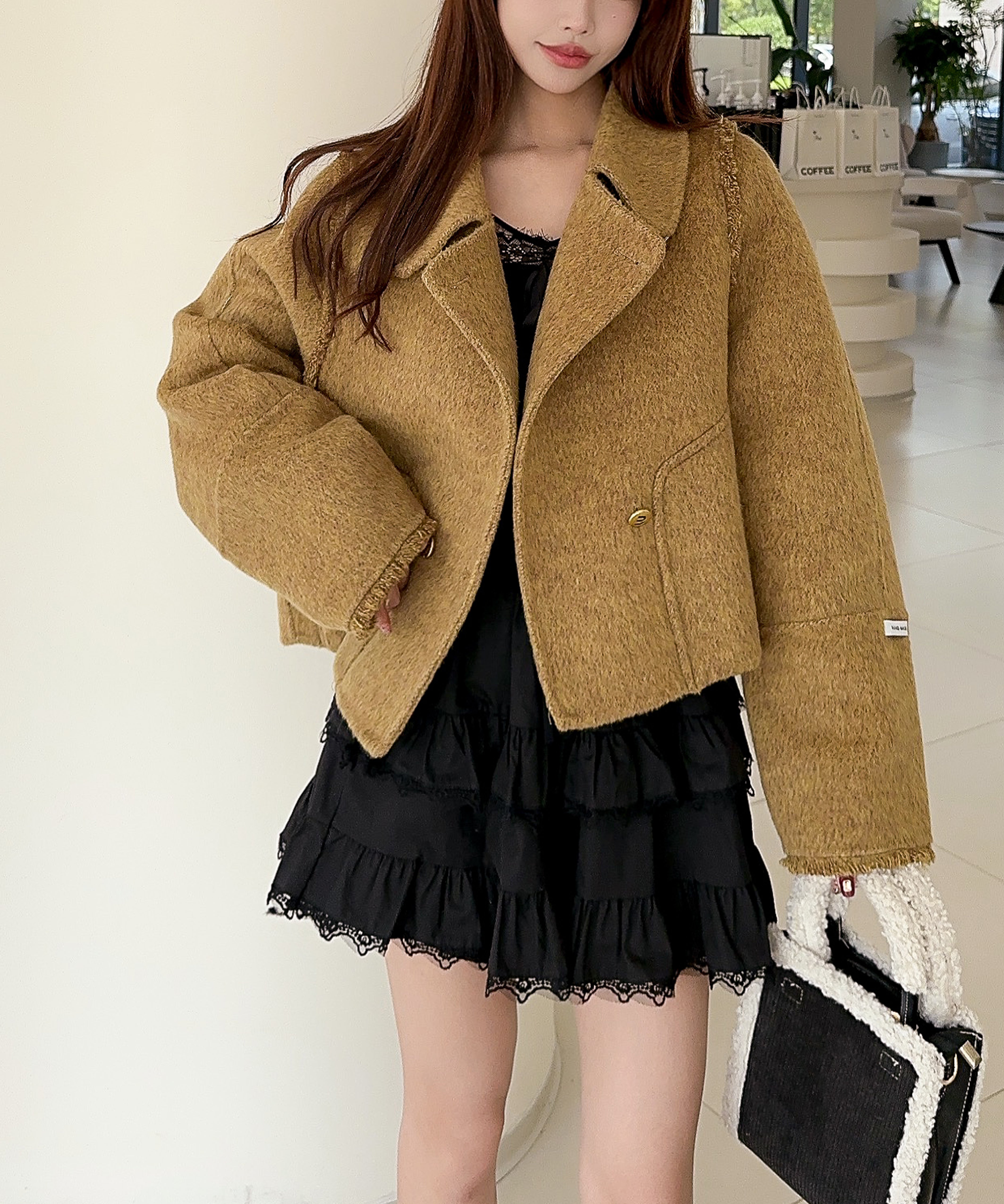 【Jasmine】フリンジリバーウールコート ショート丈