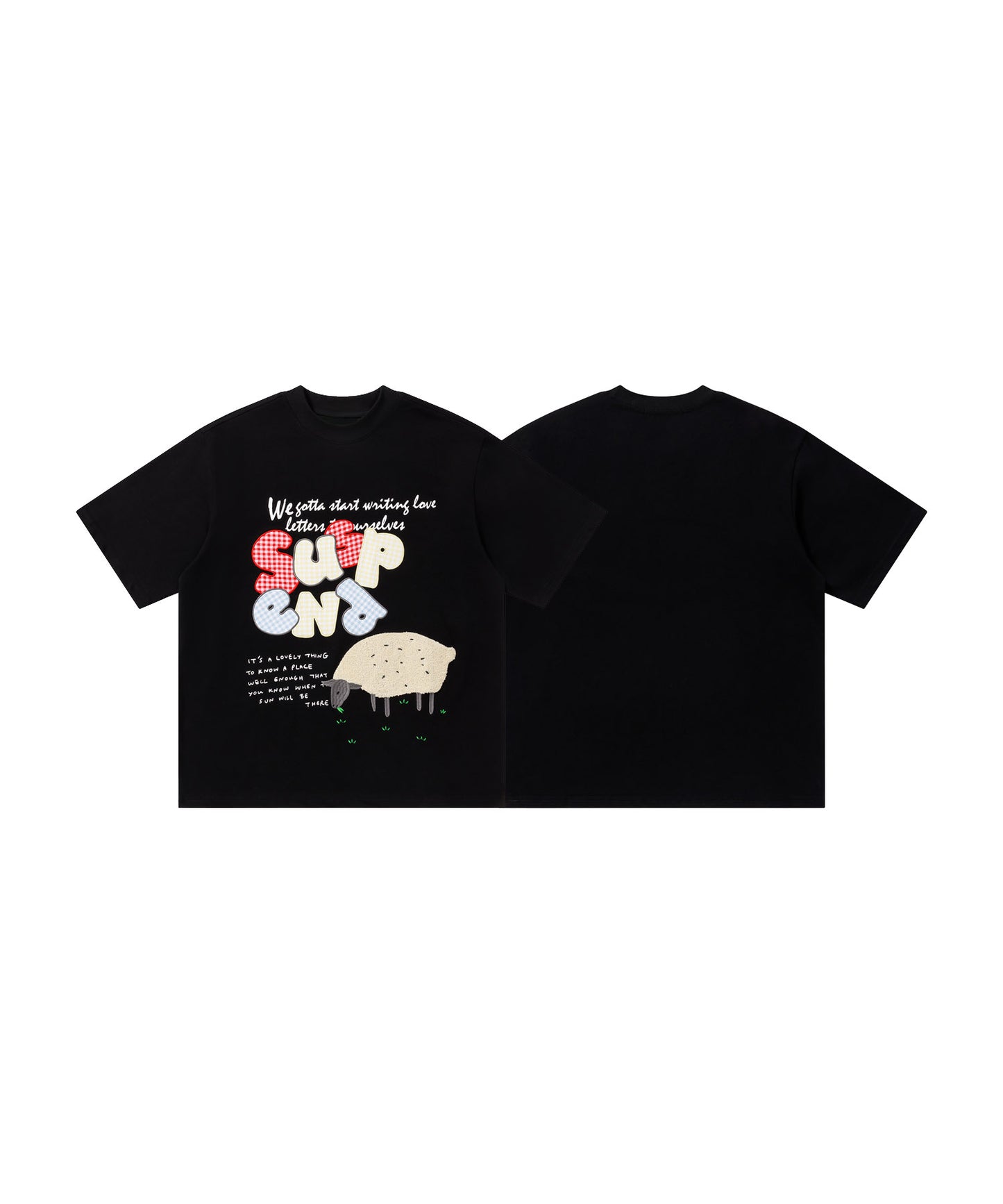 ギンガムパッチワーク文字アップリケ × もこもこひつじ刺繍 ビッグTシャツ (SS)