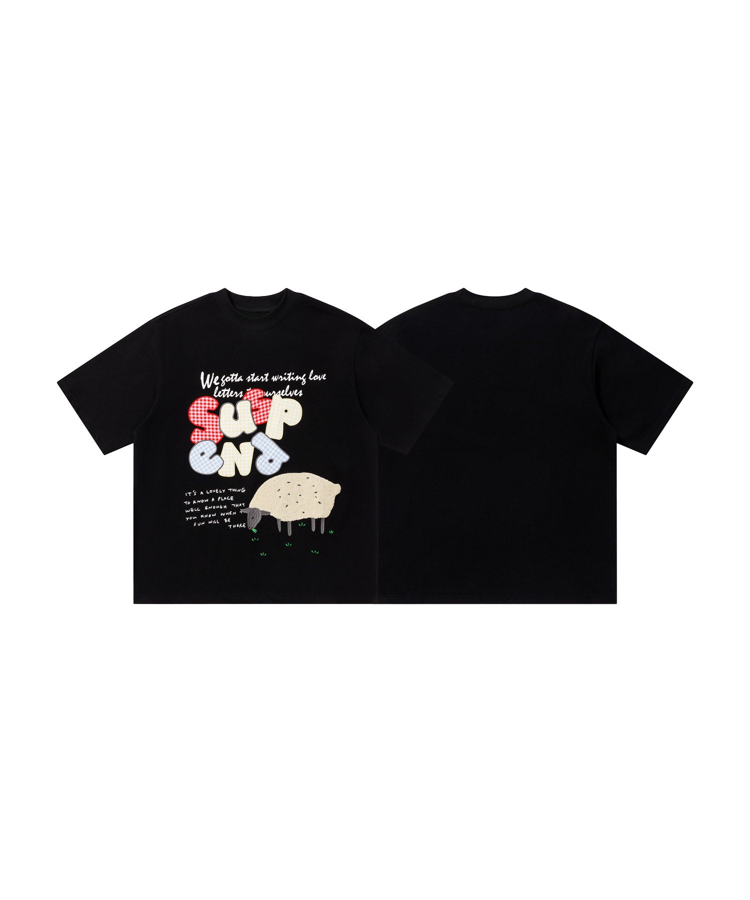 ギンガムパッチワーク文字アップリケ × もこもこひつじ刺繍 ビッグTシャツ (SS)