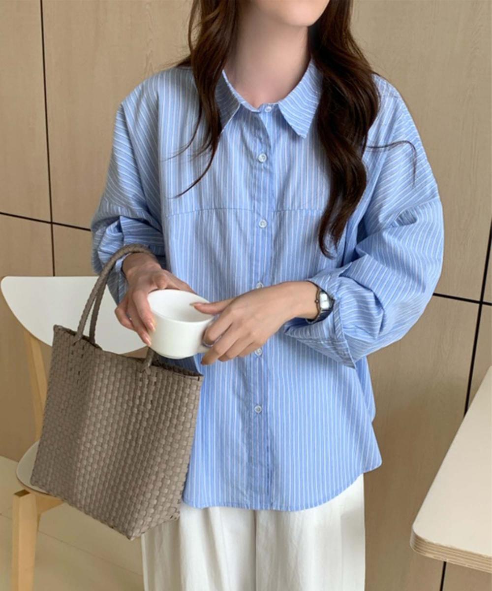 ストライプ切替コットンシャツ