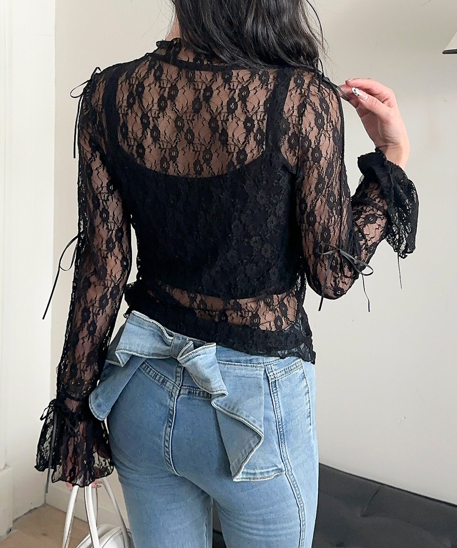 【Jasmine】袖リボンメロウシアーレースインナートップス