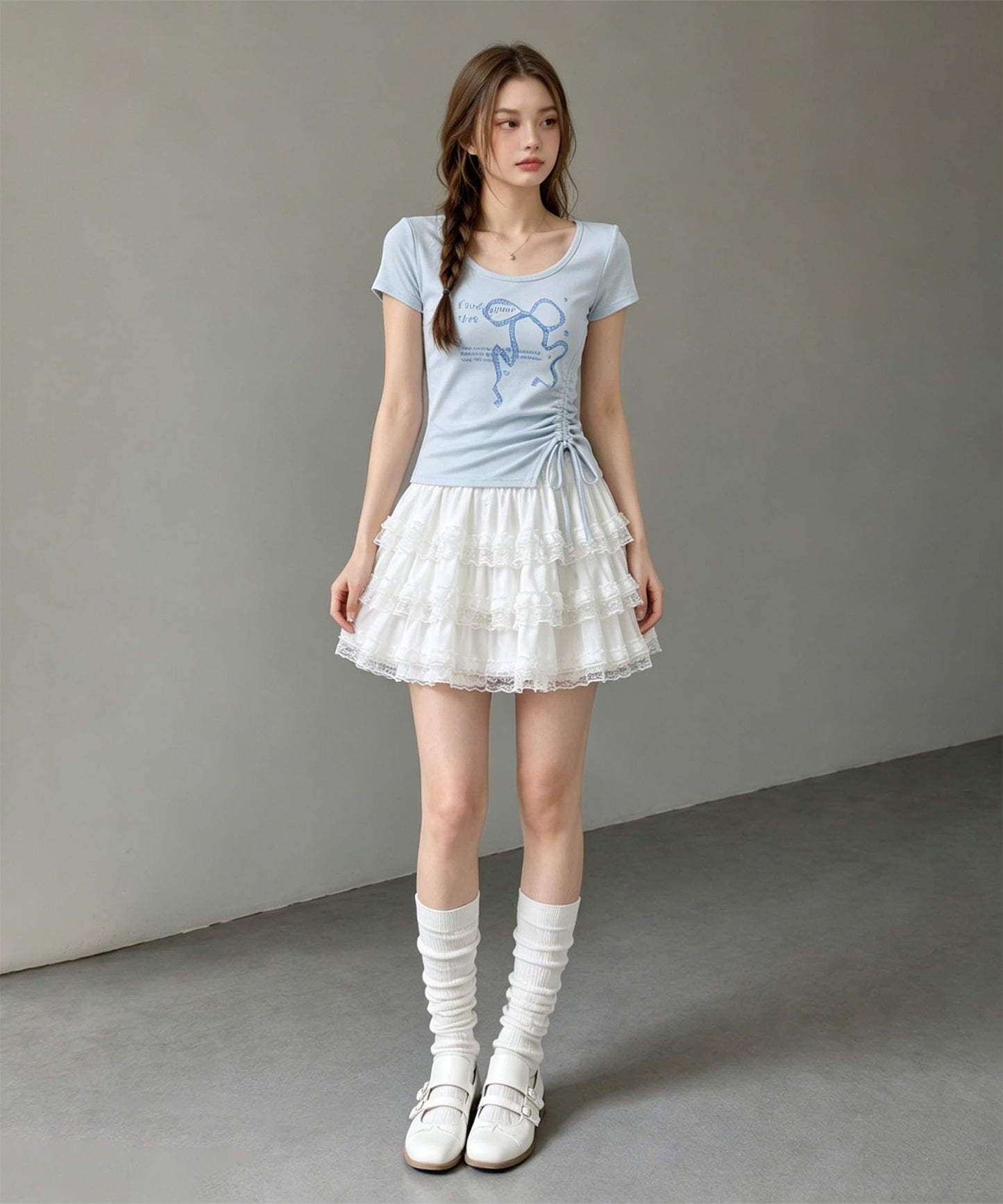 HOOK for girls リボングラフィック × サイドギャザー コンパクトストリートT