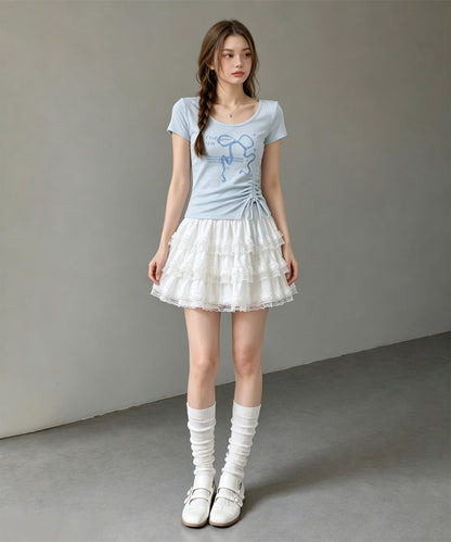 HOOK for girls リボングラフィック × サイドギャザー コンパクトストリートT