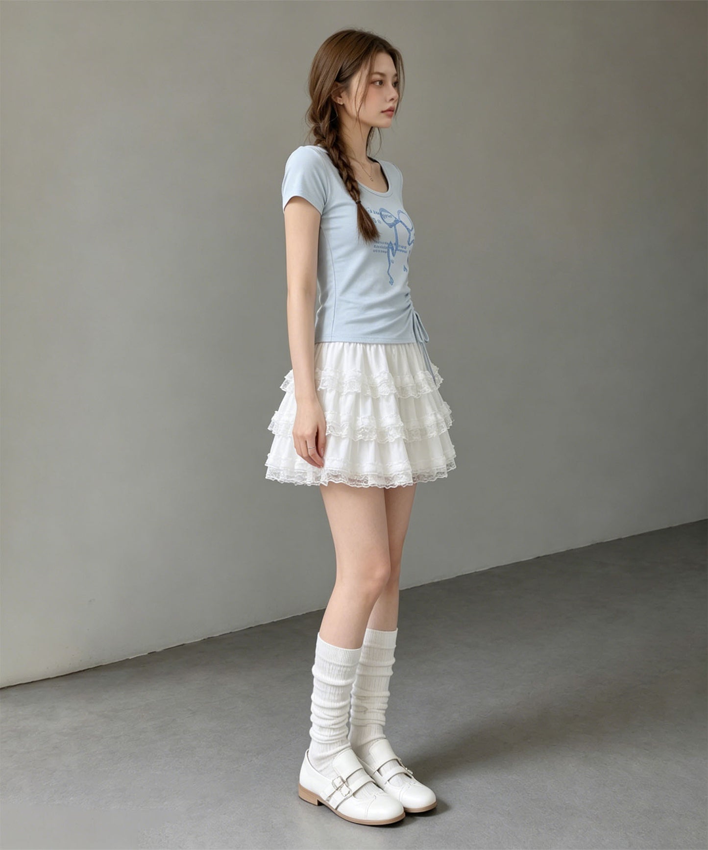 HOOK for girls リボングラフィック × サイドギャザー コンパクトストリートT