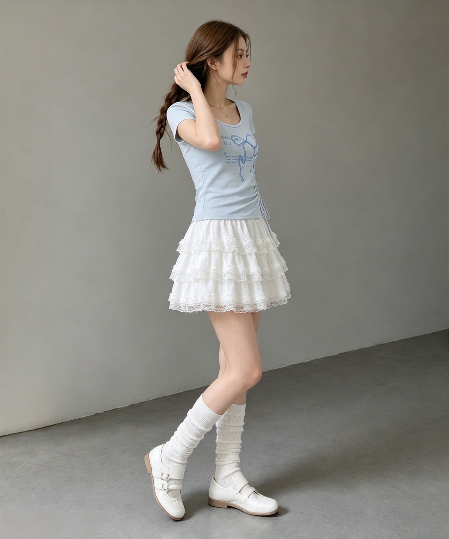 HOOK for girls リボングラフィック × サイドギャザー コンパクトストリートT