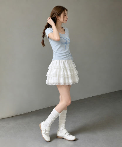 HOOK for girls リボングラフィック × サイドギャザー コンパクトストリートT