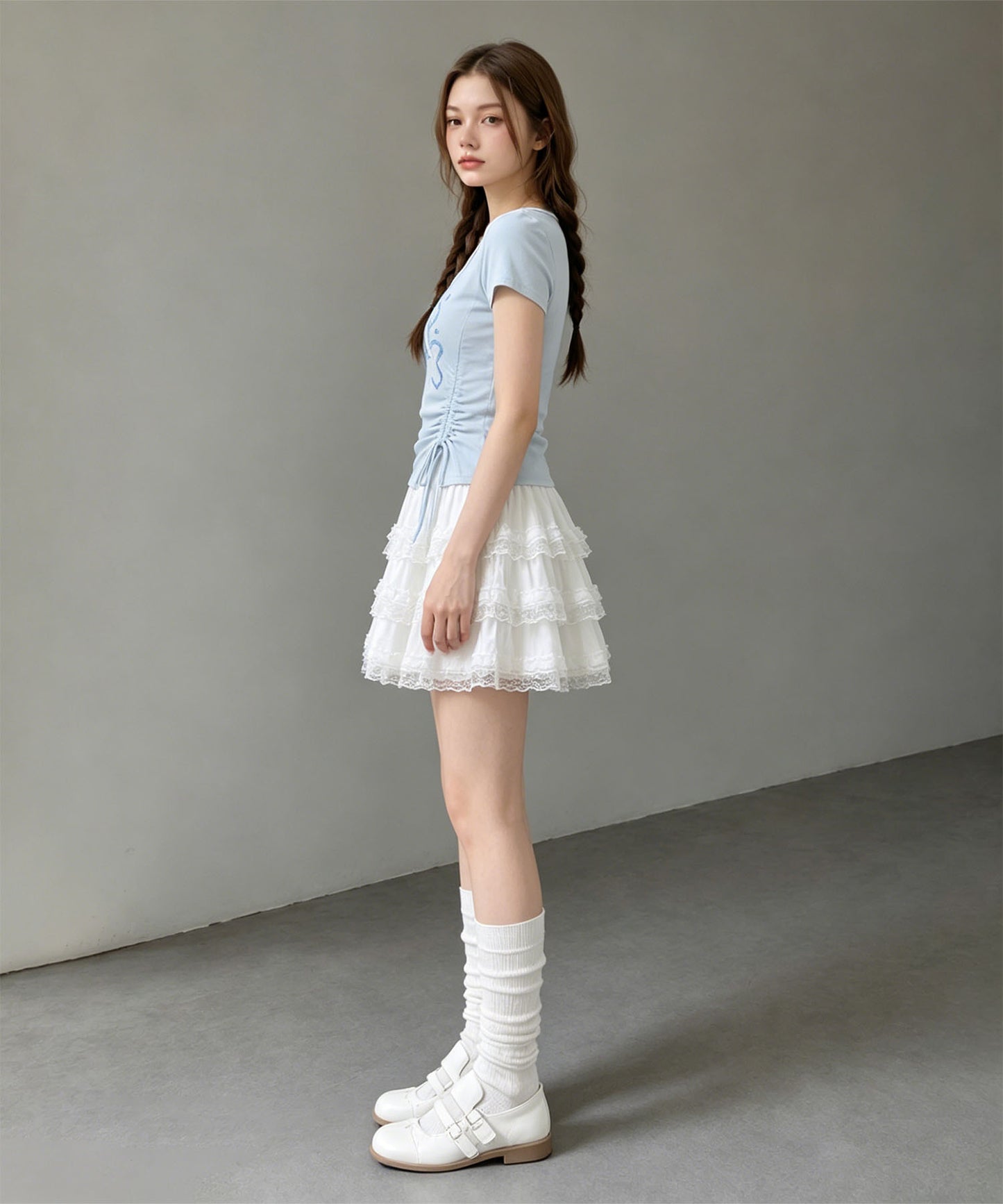 HOOK for girls リボングラフィック × サイドギャザー コンパクトストリートT