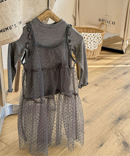 【aimoha-KIDS-】キッズ シアーチュールドットキャミワンピ×カットソーセット (SS)