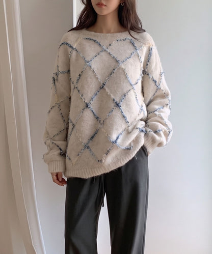 aimoha/配色ダイヤ柄シャギーニット