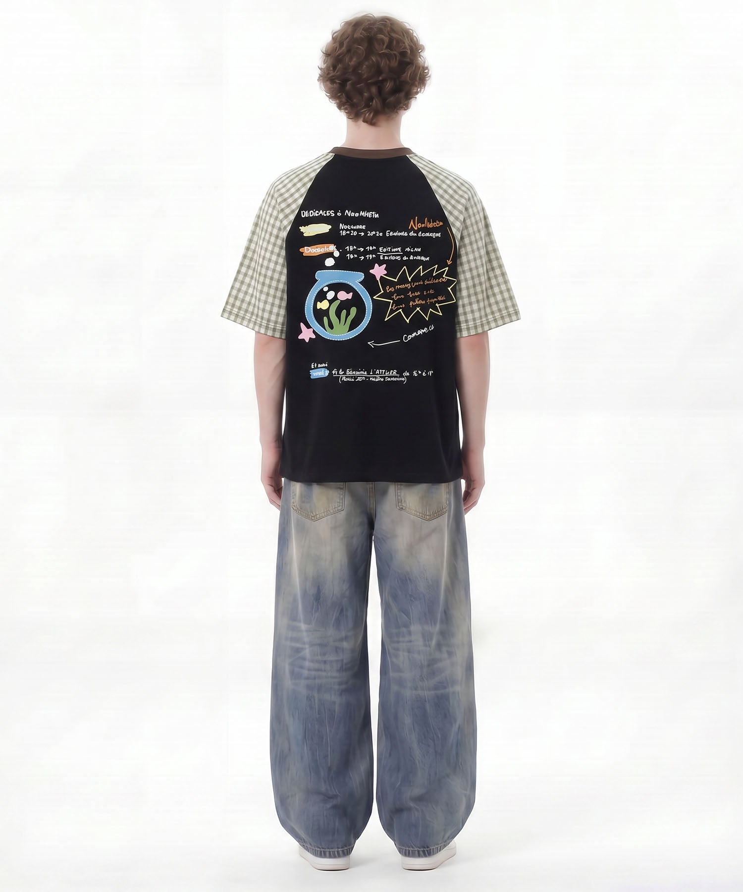HOOK アクアリウム × 手書き文字風プリント チェック切替ラグランビッグシルエットT